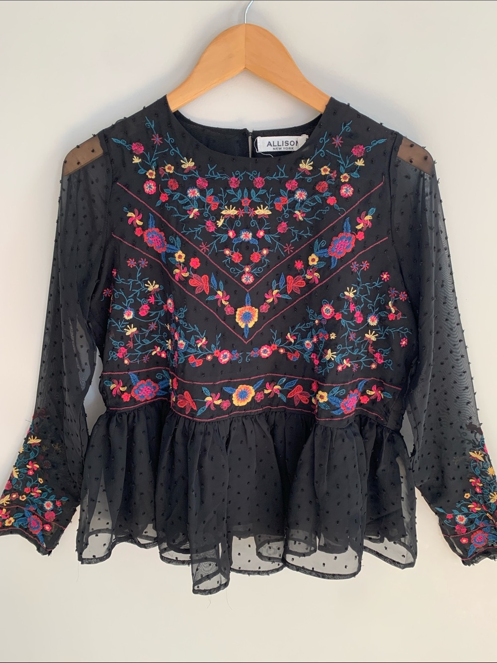 Allison New York Embroidered Peplum Sheer Sleeve Top Black XS Whimsigoth Witchy